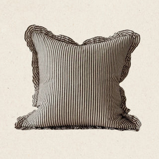 Darcy Ruffle Cotton Cushion Cover | Dark Brown Stripe