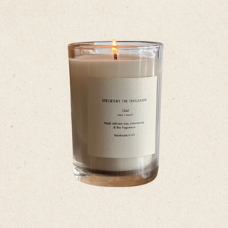 Oud, Rose + Myrrh Handcrafted Soy Candle | Clear Jar