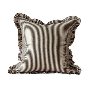 Darcy Ruffle Cotton Cushion Cover | Dark Brown Stripe