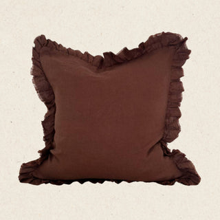 Hallie Ruffled Linen Cushion Cover | Dark Brown