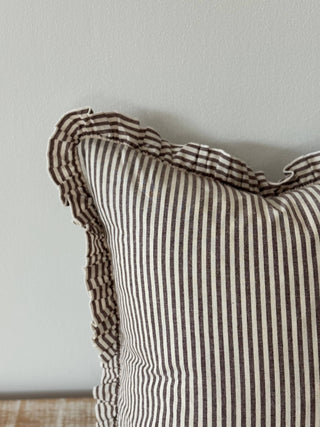 Darcy Ruffle Cotton Cushion Cover | Dark Brown Stripe