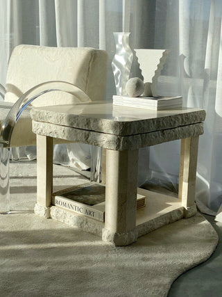 en gold plaza fossil stone side table